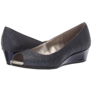 Bandolino Candra Peep-Toe Wedge, Navy Glitter, Size 8